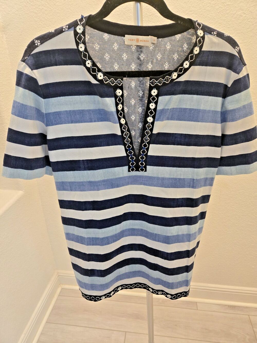Tory Burch Navy and Light Blue Striped Embroidered Split-Neck Top